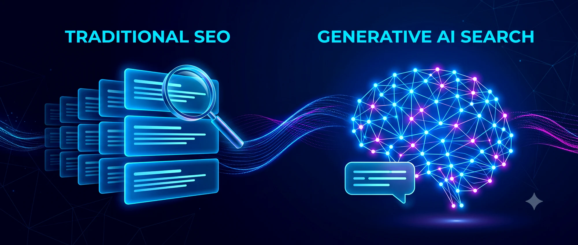Traditional SEO search results flowing into a generative AI search brain